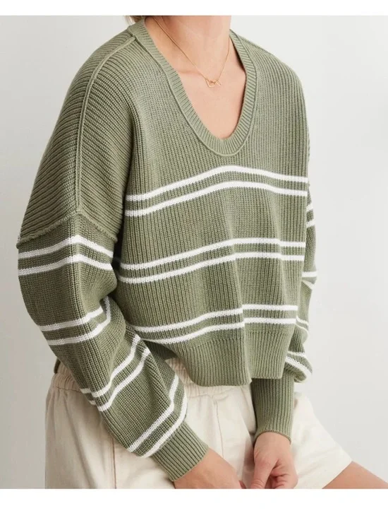 Aerie Striped Oversized Boxy Chunky Knit Pullover Slouchy Sweater Green Small - Picture 1 of 7